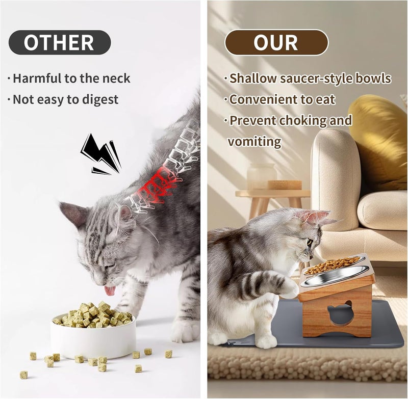 INNVVIS Elevated Cat Bowls with Silicone Mat, 15° Tilted Solid Wood Stand, Raised Stainless Steel Food & Water Dishes for Cats and Small Dogs, Anti-Vomiting Design(Natural) - Image 3